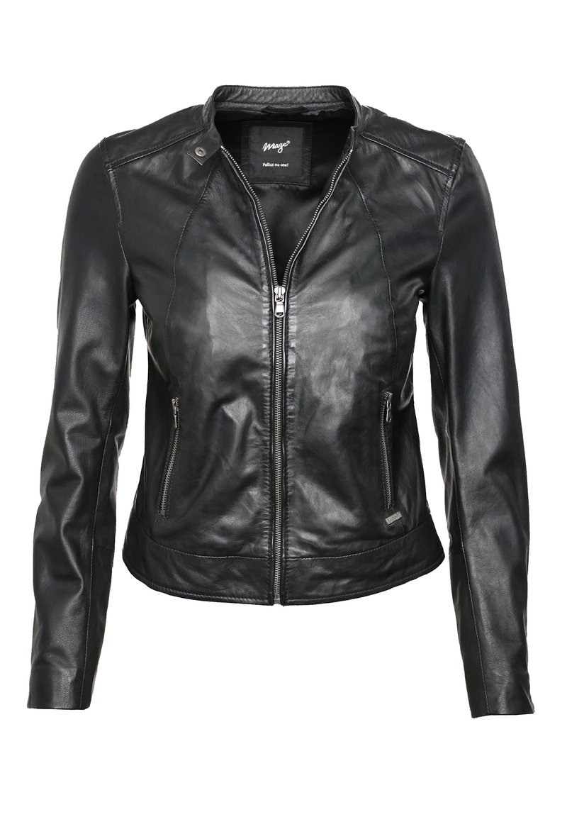 Černá kožená bunda s zipovým zapínáním, přiléhavým střihem, bočními kapsami a minimalistickým límcem. Hladká textura s jemnými švy.