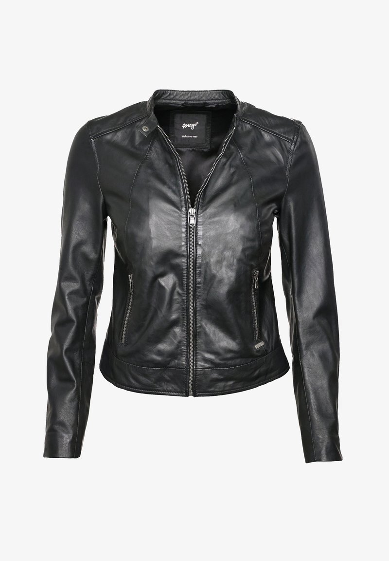 Černá kožená bunda s zipovým zapínáním, přiléhavým střihem, bočními kapsami a minimalistickým límcem. Hladká textura s jemnými švy.
