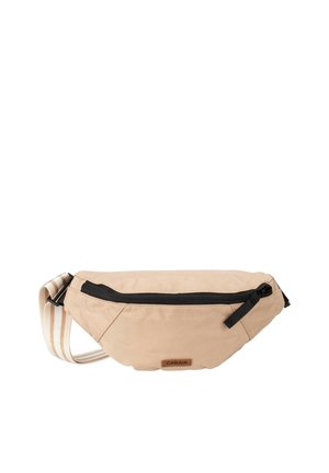 Beige Stoff-Gürteltasche mit schwarzem Reißverschluss, gestreiftem verstellbarem Träger und kleinem rechteckigem Logo-Patch vorne in der Mitte.