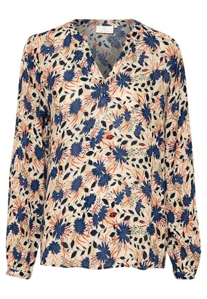 Kwiatowa bluzka z dekoltem w kształcie litery V, długimi rękawami. Kremowe tło, z granatowymi kwiatami i czerwonymi akcentami oraz zielonymi liśćmi. Miękki materiał.
