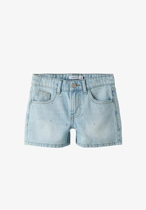 Jasnoniebieskie krótkie spodenki jeansowe z guzikiem z przodu, szlufkami na pasek, pięcioma kieszeniami oraz małymi rozsianymi ozdobami z cyrkonii.