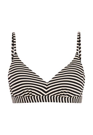 Zwart-wit horizontaal gestreepte bralette met dunne verstelbare schouderbandjes en geplooide stof onder de borst.