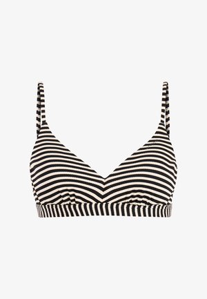Schwarz-weiß gestreifter Bralette mit dünnen, verstellbaren Schulterriemen und gerafftem Stoff unter der Brust.