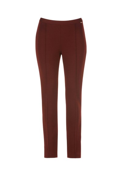 Burgundijske slim-fit hlače izrađene od rastezljivog materijala, s detaljima na prednjem šavu i s pojasom srednje visine za udobnost.