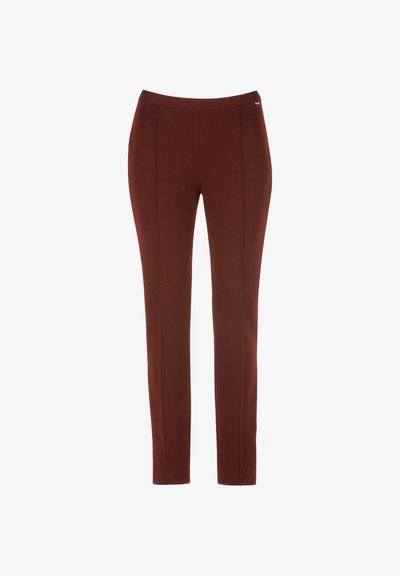 Burgundski slim-fit hlače, izdelane iz raztegljive tkanine, z detajli na sprednjem šivu in pasom srednje višine za udobje.