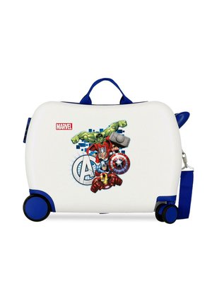 Maleta blanca para niños con ruedas y asa azules, con los personajes de Marvel Avengers Hulk, Thor, Capitán América y Iron Man en el frente.