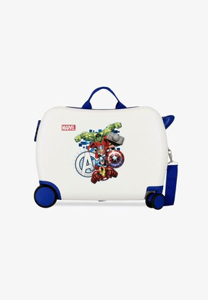 Maleta blanca para niños con ruedas y asa azules, con los personajes de Marvel Avengers Hulk, Thor, Capitán América y Iron Man en el frente.