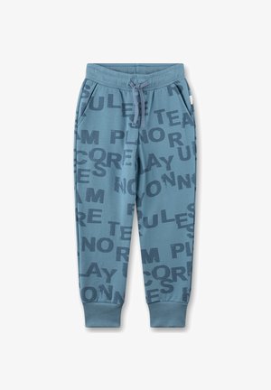Blaue Jogginghose mit elastischem Bund, Zugband, seitlichen Taschen, bündchenförmigen Knöcheln und dunkelblauen verstreuten Druckdetails.