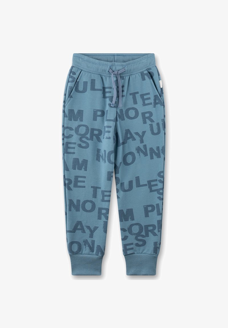 Blaue Jogginghose mit elastischem Bund, Zugband, seitlichen Taschen, bündchenförmigen Knöcheln und dunkelblauen verstreuten Druckdetails.