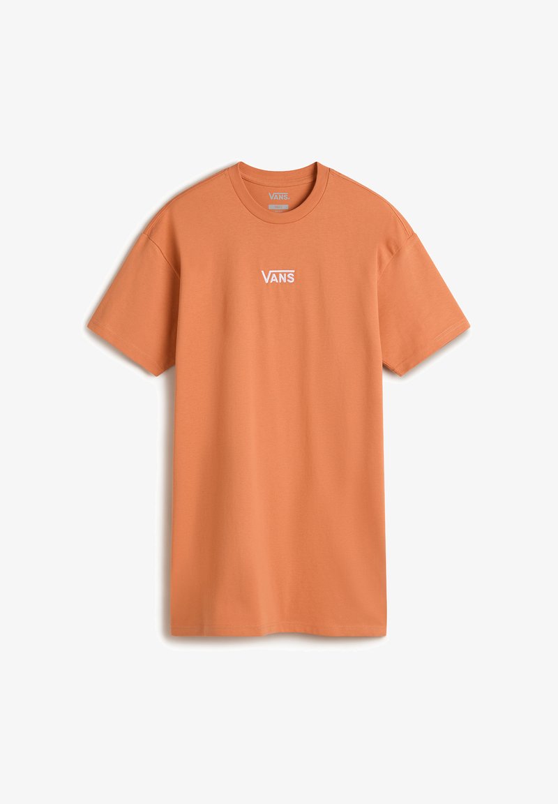 T-shirt en coton orange avec un col rond, des manches courtes et un logo Vans blanc brodé sur la poitrine. Texture lisse, coupe décontractée.