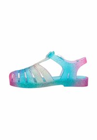 Sandali traslucidi con finitura glitter, caratterizzati da una sfumatura dal blu al rosa, design aperto e cinturino regolabile con fibbia.