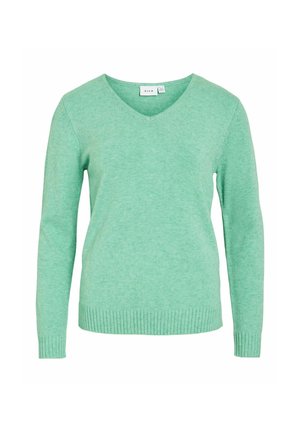 V-hals sweater i blød, lysegrøn strik. Lange ærmer, ribbede manchetter og søm. Minimalistisk design med en glat tekstur.