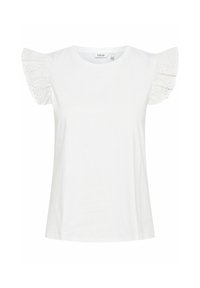 T-shirt en coton blanc avec de courtes manches volantées et des détails en œillets. Encolure arrondie et coupe décontractée. Texture lisse.