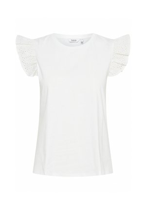 Camiseta de algodón blanca con mangas cortas con volantes y detalles de ojal. Cuello redondeado y corte relajado. Textura suave.