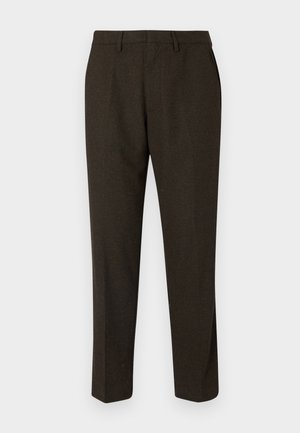 Pantalones marrones de corte recto, con una textura suave, lazos para cinturón y bolsillos laterales. Aptos para vestimenta formal.