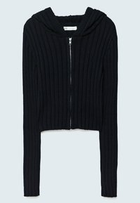 Svart ribbad hoodie med en cropped design, full dragkedja och långa ärmar. Har ett texturerat tyg och en bred huva.