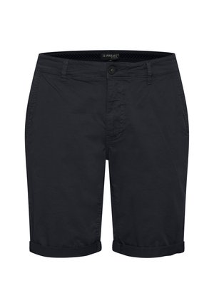 Marineblå bomuldsshorts med knaplukning, forlommer og opsmøgede kanter. Har en glat tekstur og et klassisk design.