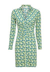 Robe à manches longues avec un devant à boutons, un motif géométrique intégral en vert et bleu, avec une taille ajustée et une texture de tissu douce.