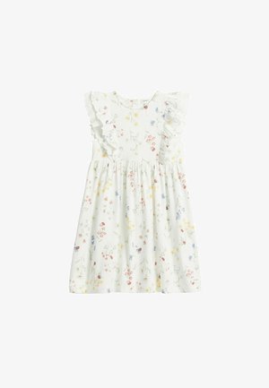 Weißes ärmelloses Mädchenkleid mit buntem kleinem Blumenmuster und gerafften Details an den Schultern.
