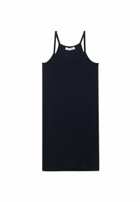 Robe noire sans manches avec des fines bretelles, encolure arrondie, fabriquée dans un tissu doux, avec une coupe droite.