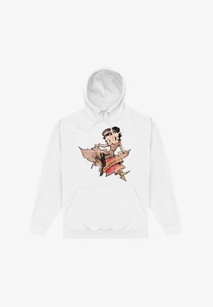 Biała bluza z kapturem z ilustracją przedstawiającą postać jeżdżącą na skrzydlatej postaci, z kolorowymi akcentami i wstążką z napisem "Miłość."