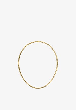 Eenvoudige gouden ketting met curb link ontwerp en kleine sluiting, weergegeven op een witte achtergrond.