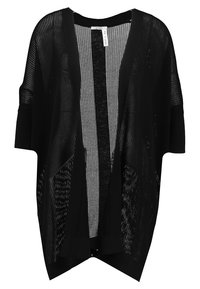 Svart öppet kardigan i lätt meshmaterial, med korta ärmar och en lös passform, utrustad med ett randigt innerfoder.