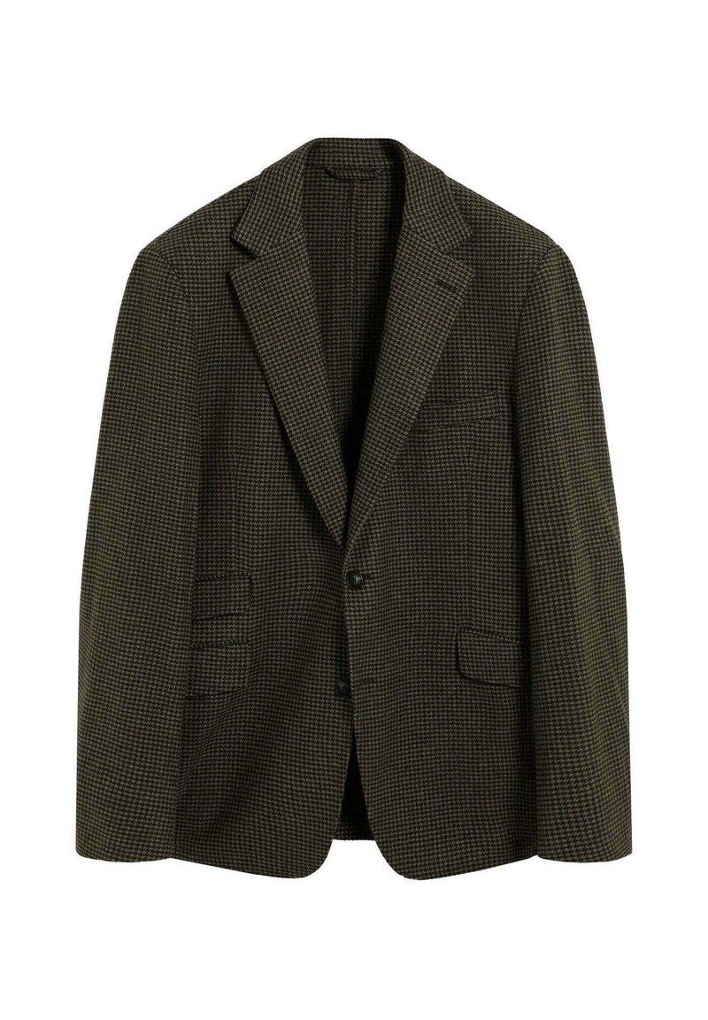 Blazer en patrón de toile de Jouy verde oscuro. Presenta un cuello de muesca, dos bolsillos frontales, cierre de un solo botón y tejido texturizado.