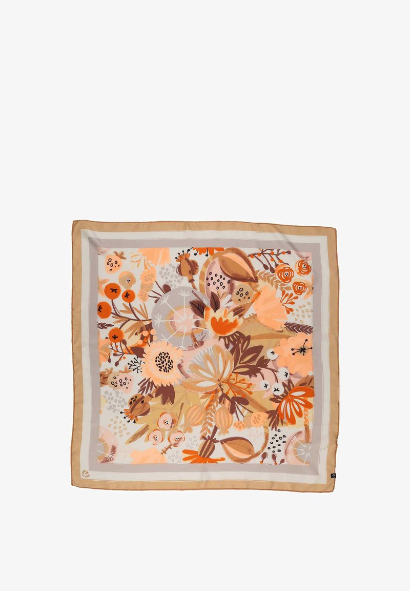 Bufanda de seda cuadrada con un diseño floral en tonos de naranja, crema y marrón, con un borde beige y sutiles acentos grises.