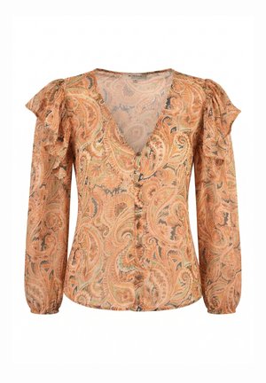 Blouse à manches longues en forme de poire avec motif cachemire, col en V, boutons sur le devant et détails à volants sur les épaules, présenté sur un fond blanc.