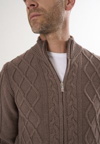 Man in een bruine kabelgebreide zip-up sweater over een wit shirt, close-up van de kin tot de borst.
