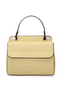 Borsa a mano in pelle gialla con design strutturato, manico superiore e rifiniture nere. Presenta una chiusura a pattina magnetica e dettagli del logo in argento.