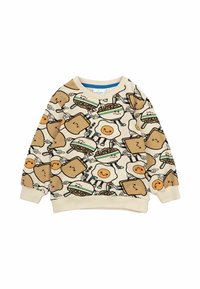 Felpa beige con un motivo giocoso di cibo in stile cartone animato, che include uova, hamburger e snack. Maniche e scollo a coste.