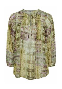 Durchsichtige, langärmelige Bluse in grünen, lila und goldenen Farbtönen mit einem Bindekragen, plissierten Details und einem fließenden Design.