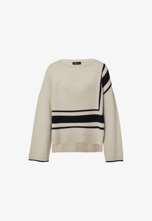 Lichtbeige sweater met zwarte horizontale strepen, relaxte pasvorm, wijde halslijn en geribde manchetten en onderrand. Zachte brei-textuur.
