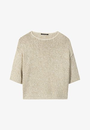 Beige knitted short-sleeve sweater with a round neckline and a slightly cropped fit.