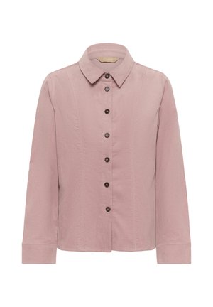 Cămașă roz din catifea cu mânecă lungă, cu guler și șapte nasturi negri pe față, cusături verticale pentru contur.