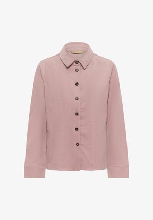 Ružová kordová košeľa s dlhým rukávom, s golierom a siedmimi tmavými gombíkmi pozdĺž prednej časti, so švami behúcimi vertikálne pre tvar.