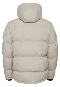 Beige puffer jacket with a hood. Features a quilted design and elastic cuffs. Smooth, soft texture with a high collar for warmth.