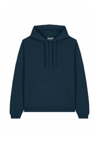Felpa con cappuccio blu navy, dotata di tasca anteriore, polsini a costine e cappuccio regolabile con cordino. Texture liscia, design casual.