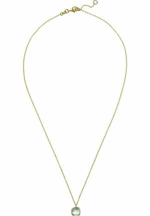 Goldkette mit rechteckigem grünem Edelsteinanhänger. Die Kette ist zart und hat einen Karabinerverschluss sowie eine verstellbare Verlängerung.