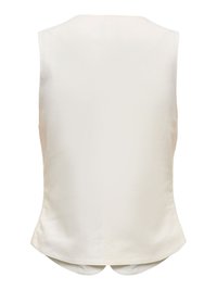 Krém színű, ujjatlan női blúz magas nyakkal és sima anyagból, hátulról bemutatva.
