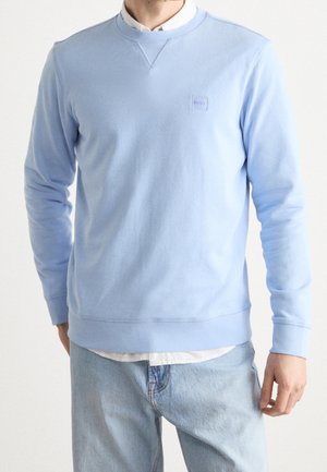 Lichtblauwe sweatshirt, van een katoenmengsel, met een ronde hals, lange mouwen, ribgebreide manchetten en onderrand, voorzien van een klein logo-embleem op de borst.