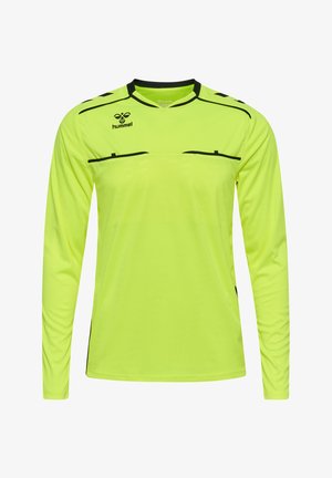 Langarmdoelshirt in fel geel met zwarte accenten en biezen, gemaakt van lichtgewicht, gladde stof met subtiele textuurpatronen.