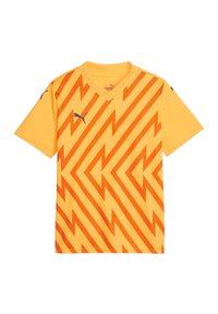 Gelbes Sportshirt mit orangefarbenem Zickzackmuster, kurzen Ärmeln, Rundhalsausschnitt und schwarzem Puma-Logo auf der linken Brust und dem Ärmel.