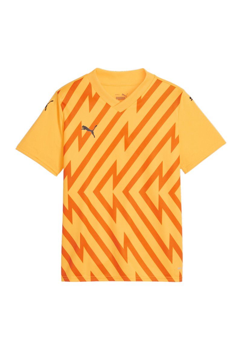 Gelbes Sportshirt mit orangefarbenem Zickzackmuster, kurzen Ärmeln, Rundhalsausschnitt und schwarzem Puma-Logo auf der linken Brust und dem Ärmel.