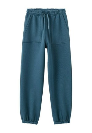 Modré elastické tepláky s elastickým pásom so šnúrkou, prednými nášivkovými vreckami a elastickými manžetami na členkoch.