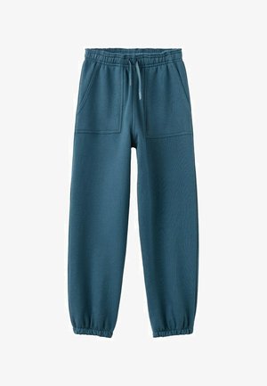 Pantaloni sportivi cu talie elastică albastră, șnur ajustabil, buzunare aplicate în față și manșete elastice la gleznă.