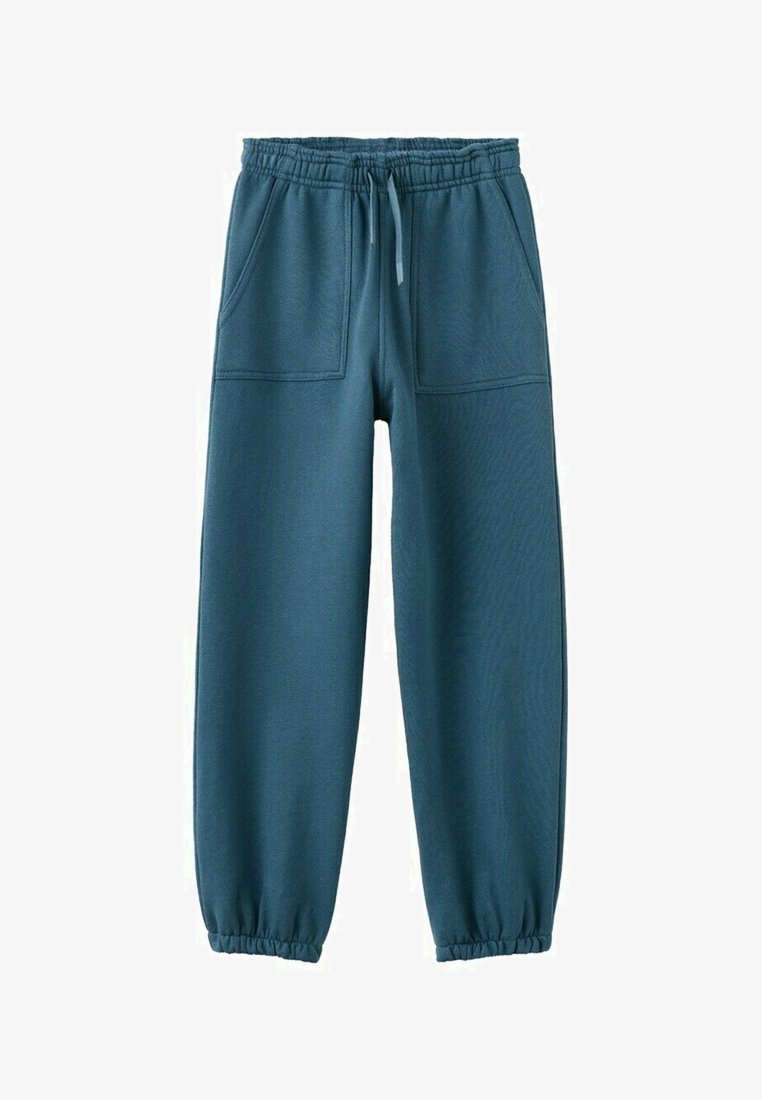 Pantalon de survêtement bleu à taille élastique avec cordon de serrage, poches plaquées à l'avant et poignets élastiques aux chevilles.