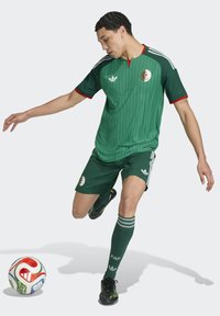 Jeune joueur de football masculin portant un maillot vert de l'Algérie frappant un ballon de football multicolore sur un fond blanc.